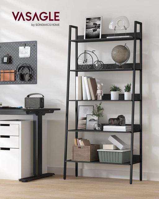 Image of a Vasagle black ladder bookshelf with 5 open shelves for storage and displaying books and home decor.