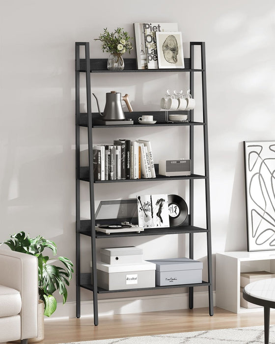 Image of a Vasagle black ladder bookshelf with 5 open shelves for storage and displaying books and home decor.