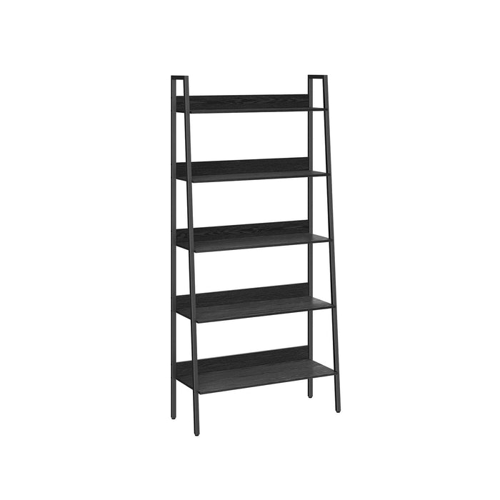 Image of a Vasagle black ladder bookshelf with 5 open shelves for storage and displaying books and home decor.