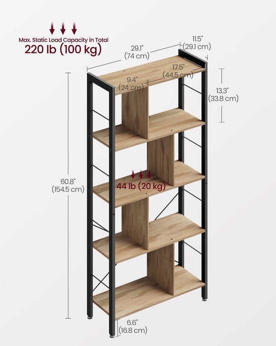 Image of a Vasagle 5 Tier Bookcase. The bookcase has a black metal frame with vertical panels acting a separators between each shelf. 
