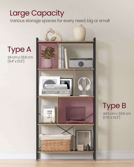 Image of a Vasagle 5 Tier Bookcase. The bookcase has a black metal frame with vertical panels acting a separators between each shelf. 
