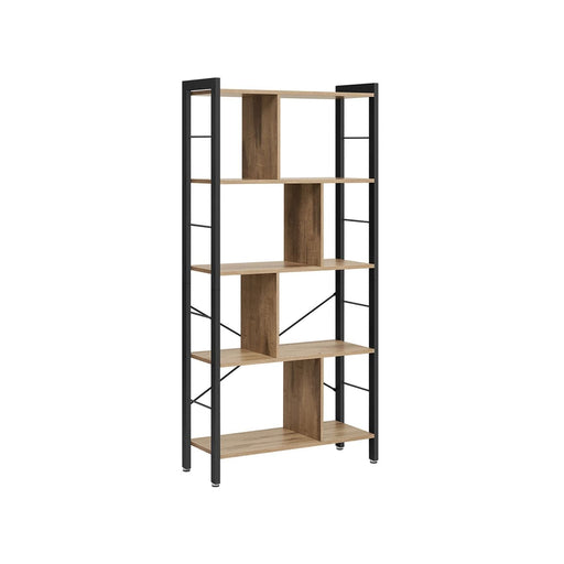 Image of a Vasagle 5 Tier Bookcase. The bookcase has a black metal frame with vertical panels acting a separators between each shelf. 
