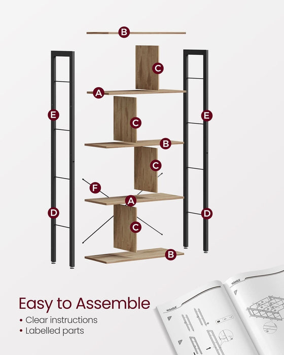 Image of a Vasagle 5 Tier Bookcase. The bookcase has a black metal frame with vertical panels acting a separators between each shelf. 
