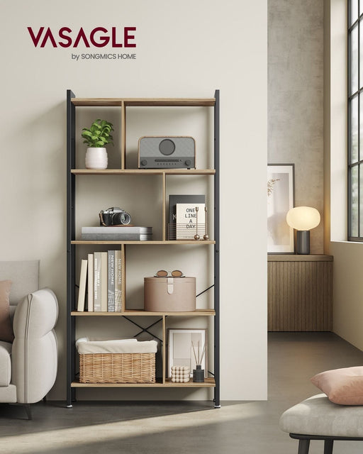 Image of a Vasagle 5 Tier Bookcase. The bookcase has a black metal frame with vertical panels acting a separators between each shelf. 
