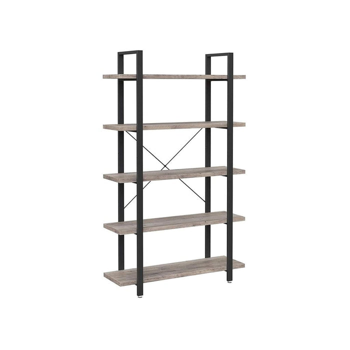 Image of a Vasagle 5 tier industrial bookcase with greige shelves and a black steel frame. 