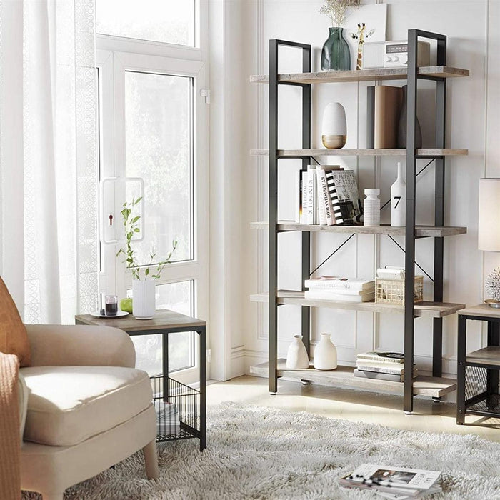 Image of a Vasagle 5 tier industrial bookcase with greige shelves and a black steel frame. 