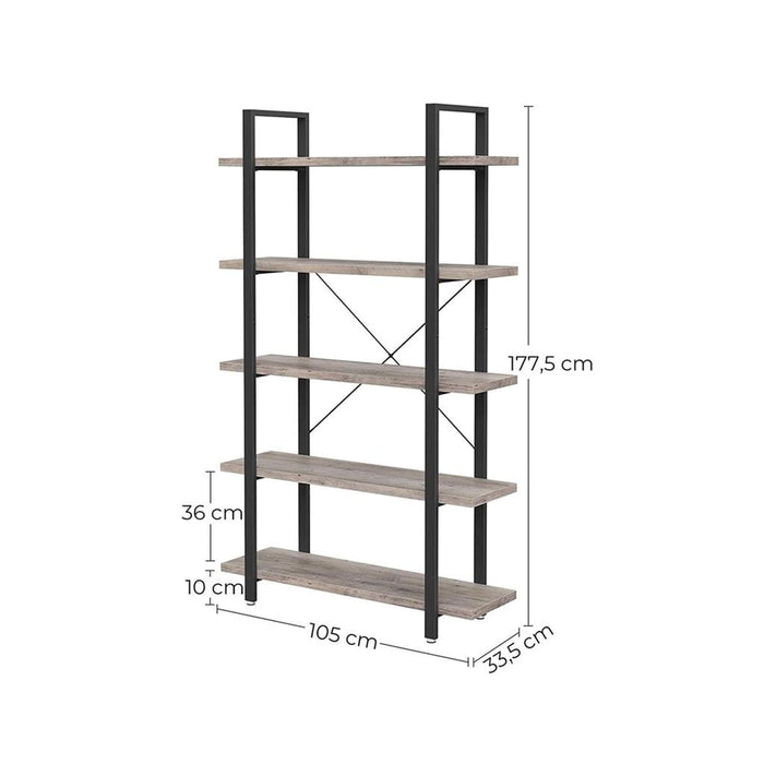 Image of a Vasagle 5 tier industrial bookcase with greige shelves and a black steel frame. 