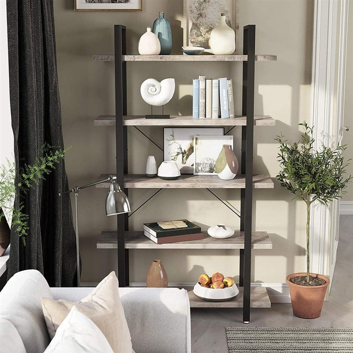 Image of a Vasagle 5 tier industrial bookcase with greige shelves and a black steel frame. 