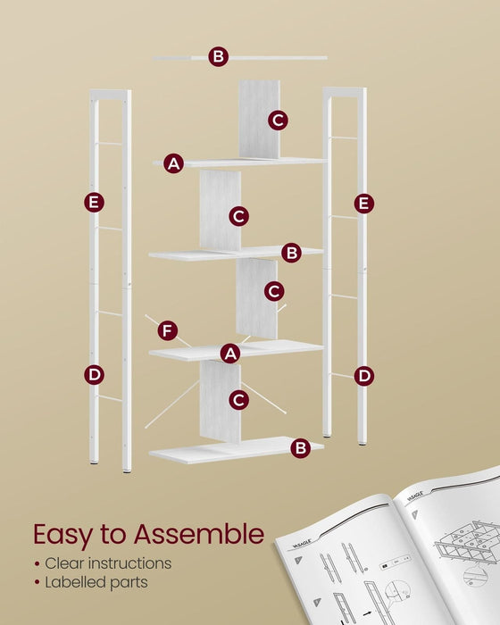 Image of a Vasagle 5 Tier white Bookcase. The bookcase has a white metal frame with vertical panels acting a separators between each shelf. The overall appearance is clean and fresh, perfect for any decor. 