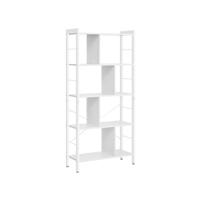 Image of a Vasagle 5 Tier white Bookcase. The bookcase has a white metal frame with vertical panels acting a separators between each shelf. The overall appearance is clean and fresh, perfect for any decor. 