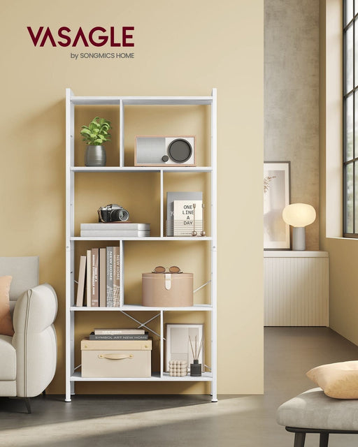 Image of a Vasagle 5 Tier white Bookcase. The bookcase has a white metal frame with vertical panels acting a separators between each shelf. The overall appearance is clean and fresh, perfect for any decor. 