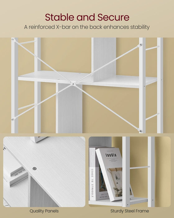 Image of a Vasagle 5 Tier white Bookcase. The bookcase has a white metal frame with vertical panels acting a separators between each shelf. The overall appearance is clean and fresh, perfect for any decor. 