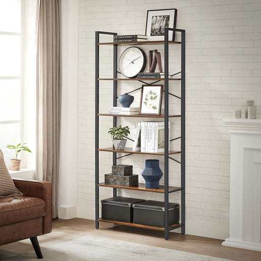 Image of a 6 Tier Bookshelf, Rustic Industrial Style for Home Office. This bookcase has a black steel frame and 6 spacious shelves. It's suitable for home or office.