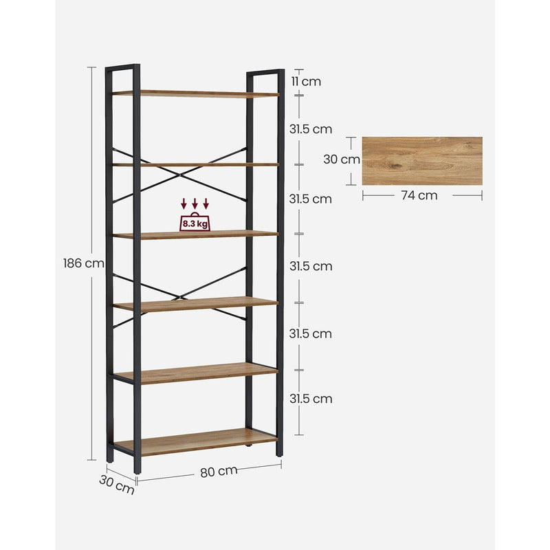 Rustic Industrial 6 Tier Bookshelf by Vasagle