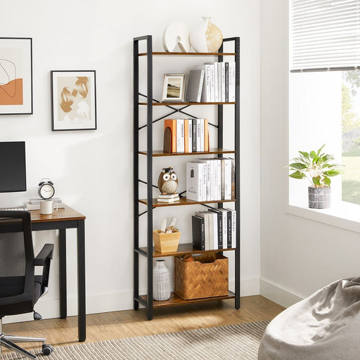 Image of a 6 Tier Industrial Bookcase For Small Spaces by Vasagle Furniture. This bookcase has a black steel frame and 6 shelves.