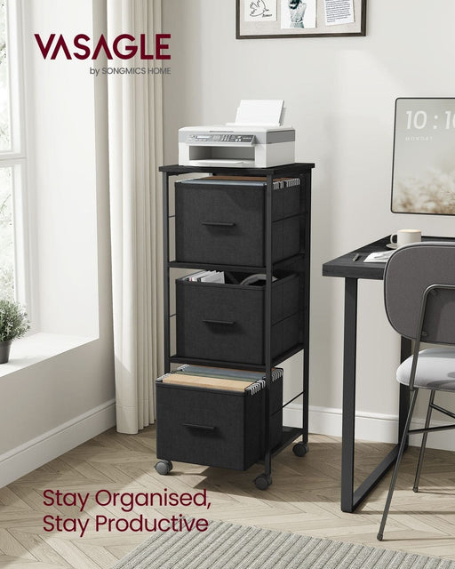 Image of a Vasagle Black Filing Cabinet with 3 Fabric Drawers on Wheels.