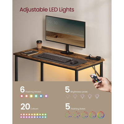 Vasagle Computer Desk With LED Lights Rustic Brown and Black For Home Office