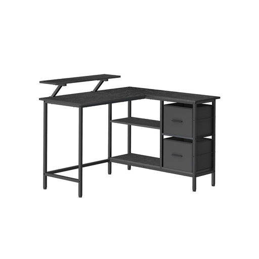 Image of a Black Vasagle Corner Desk With Drawers and a Monitor Riser Stand.