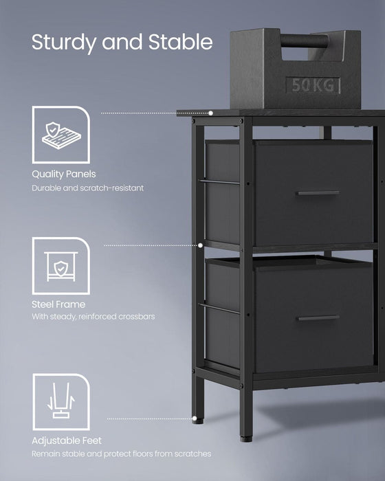 Image of a Black Vasagle Corner Desk With Drawers and a Monitor Riser Stand.