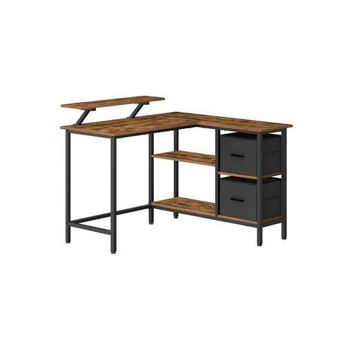 Image of a Rustic Brown and Black Vasagle Corner Desk With Drawers and a Monitor Riser Stand.