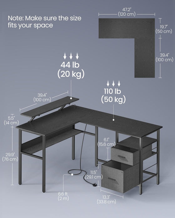 Image of a Black Vasagle Corner Gaming Desk With LED Lights, Drawers, Built in Power and USB Ports and a Monitor Riser.