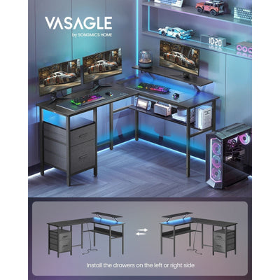 Corner Gaming Desk With Drawers, LED Lights, Built in Power Outelts, USB Ports, and Monitor Riser by Vasagle