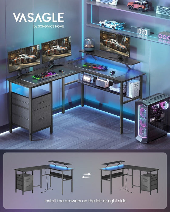 Image of a Black Vasagle Corner Gaming Desk With LED Lights, Drawers, Built in Power and USB Ports and a Monitor Riser.