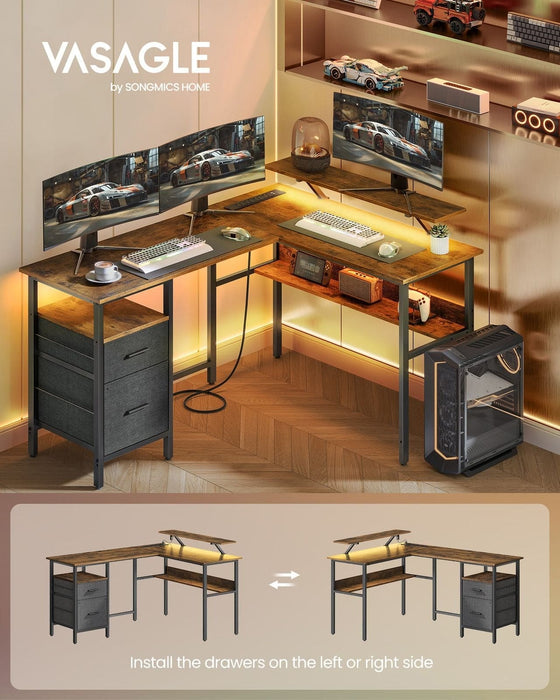 Image of a Rustic Brown and Black Vasagle Corner Gaming Desk With LED Lights, Drawers, Built in Power and USB Ports and a Monitor Riser.