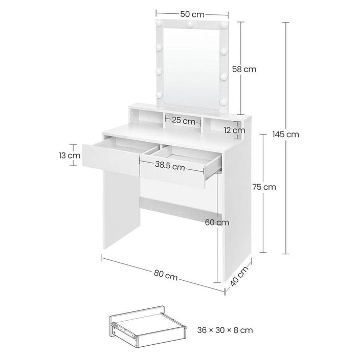 Image of a White Vasagle Dressing Table with LED Light Up Mirror and Drawers