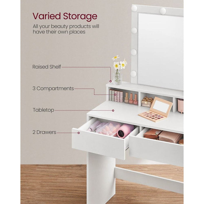 Image of a White Vasagle Dressing Table with LED Light Up Mirror and Drawers