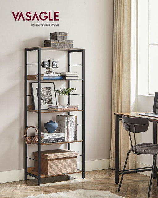 Image of an Industrial 5 Shelf Open Bookcase. Perfect for home office, living room storage and organisation.