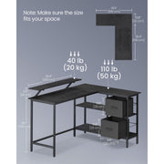 Vasagle L Shaped Home Office Desk with Drawers, 135cm Wide