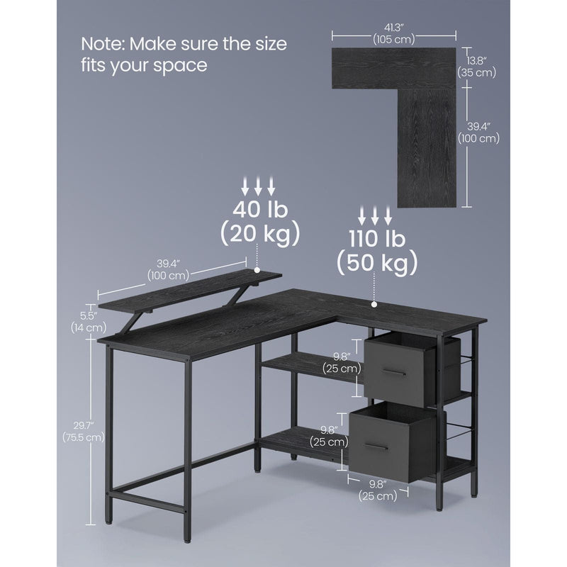 Vasagle L Shaped Home Office Desk with Drawers, 135cm Wide