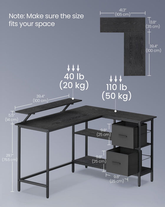 Image of an L shaped office desk with drawers, shelves, and a monitor riser finished in trendy ebony black.