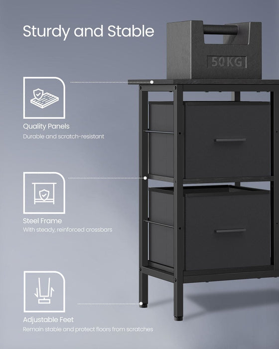 Image of an L shaped office desk with drawers, shelves, and a monitor riser finished in trendy ebony black.