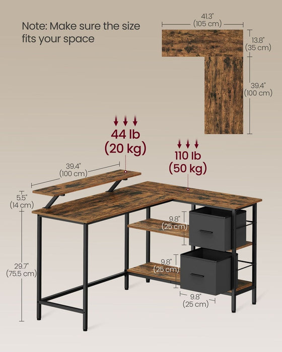 Image of an L shaped office desk with drawers, shelves, and a monitor riser finished in a trendy rustic brown and black