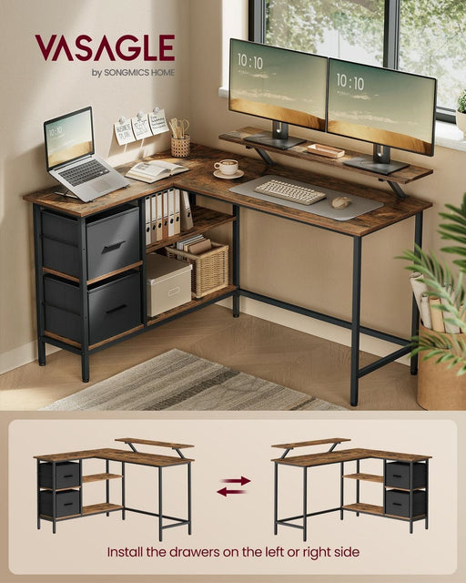 Image of an L shaped office desk with drawers, shelves, and a monitor riser finished in a trendy rustic brown and black