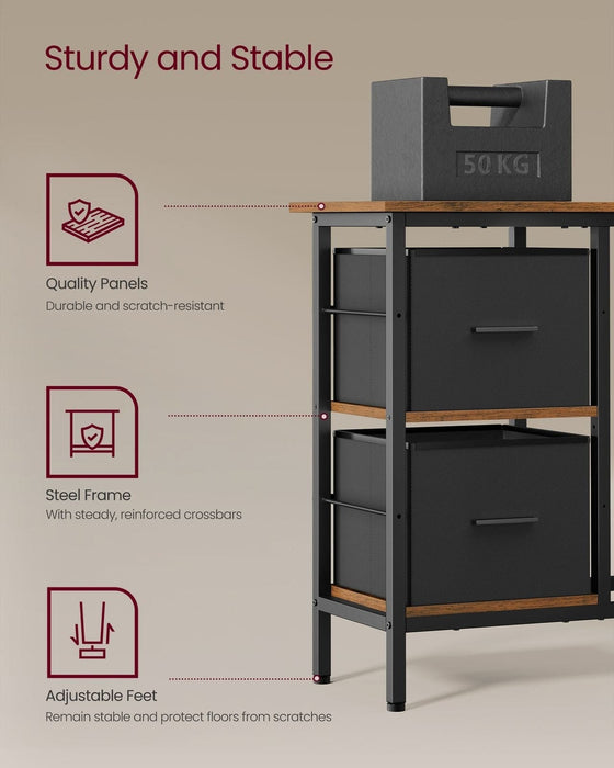 Image of an L shaped office desk with drawers, shelves, and a monitor riser finished in a trendy rustic brown and black