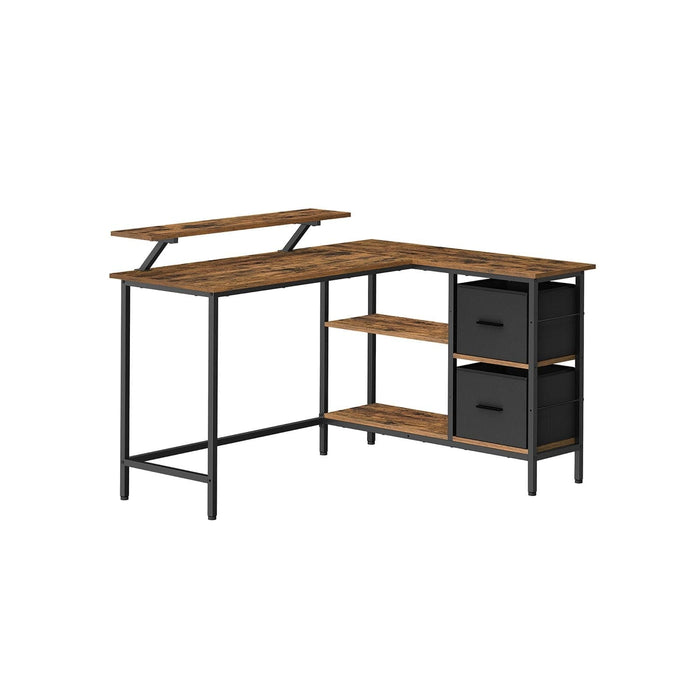 Image of an L shaped office desk with drawers, shelves, and a monitor riser finished in a trendy rustic brown and black