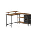 Image of an L shaped office desk with drawers, shelves, and a monitor riser finished in a trendy rustic brown and black