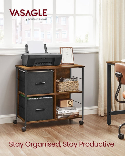 Image of a Vasagle Rustic Filing Cabinet With Wheels. The Cabinet has four cube shelves with two fabric boxes that can be used for file storage.