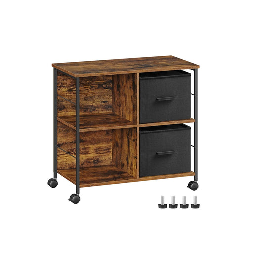 Image of a Vasagle Rustic Filing Cabinet With Wheels. The Cabinet has four cube shelves with two fabric boxes that can be used for file storage.