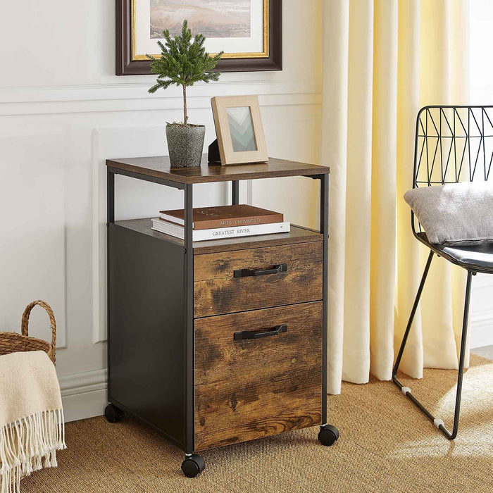 Image of a Rustic Brown Small Under Desk Filing Cabinet With Wheels by Vasagle.