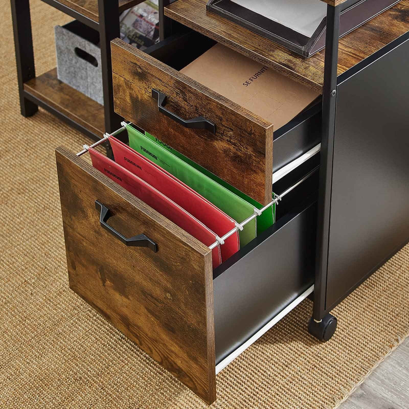 Small Under Desk Industrial Mobile Filing Cabinet For Home Office by Vasagle - Black steel frame with rustic brown body - two drawers