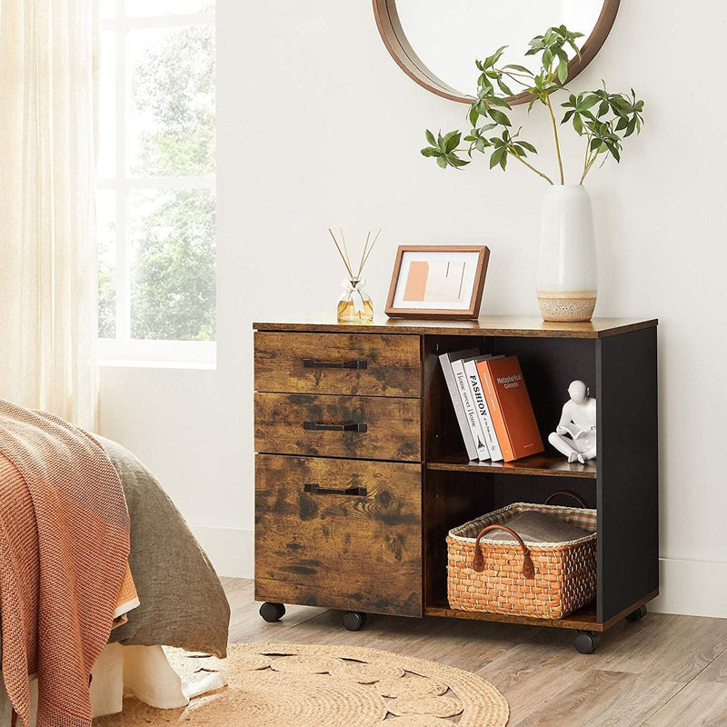 Vasagle Rustic Brown Storage Cabinet With File Drawer For Home Office - Features 3 drawers and a large open compartment with a shelf 