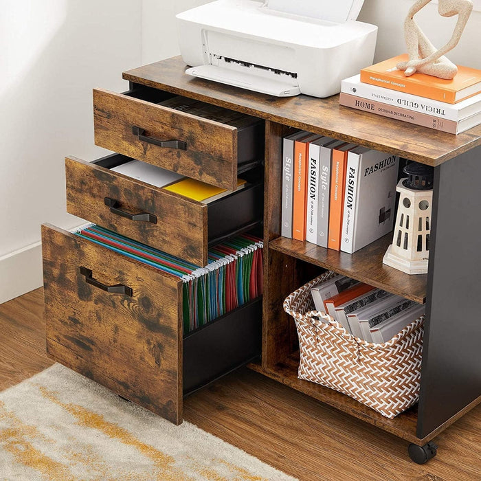 Image of a Rustic Brown and Black Vasagle Storage Cabinet With File Drawer For Home Office