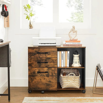 Vasagle Rustic Brown Storage Cabinet With File Drawer For Home Office - Features 3 drawers and a large open compartment with a shelf 