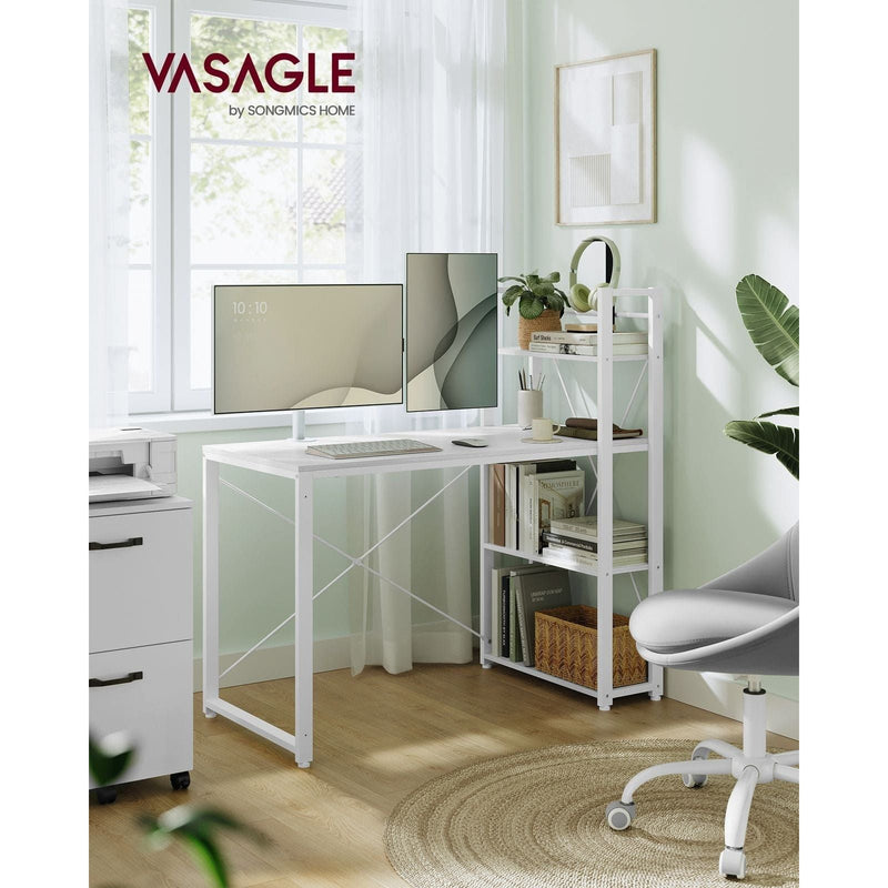 Vasagle White Computer Desk With Shelves 120cm Wide For Home Office