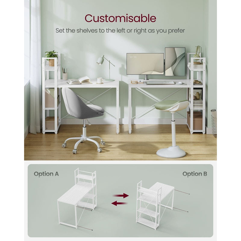 Vasagle White Computer Desk With Shelves 120cm Wide For Home Office