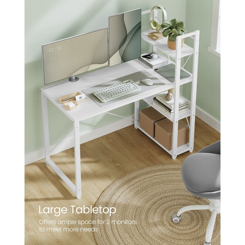 Vasagle White Computer Desk With Shelves 120cm Wide For Home Office